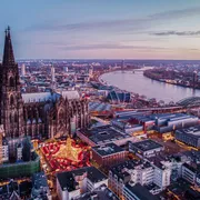 Cologne Germany Christmas market, aerial drone view over Cologne rhine river Germany