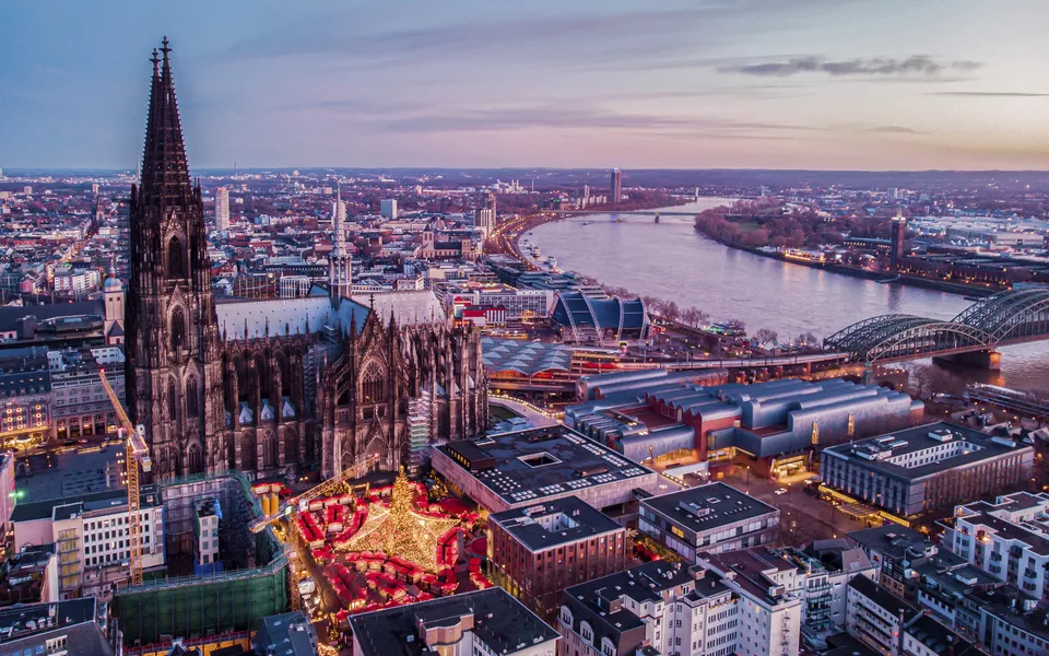 Cologne Germany Christmas market, aerial drone view over Cologne rhine river Germany
