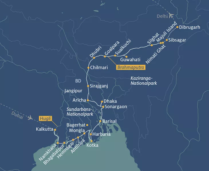 Routenplan, Kalkutta-Nimati Ghat