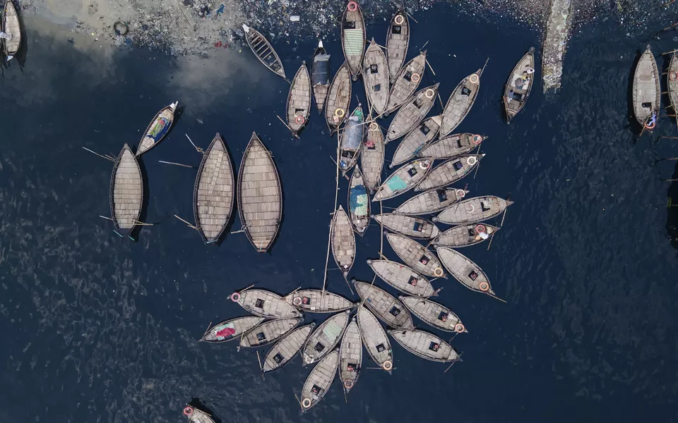 Aerial view of Wooden passenger boats along the Buriganga River, Sadarghat, Dhaka, Bangladesh